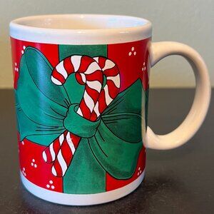 Vintage Christmas Holiday Red White Candy Canes Wrapped in Green Bow Ceramic Mug